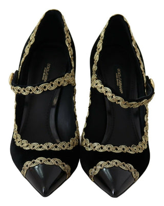 Schwarze Samt Mary-Jane Pumps mit Verzierungen