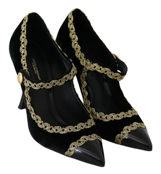 Schwarze Samt Mary-Jane Pumps mit Verzierungen