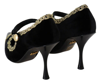 Schwarze Samt Mary-Jane Pumps mit Verzierungen