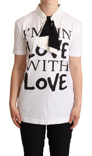Weißes T-Shirt aus Baumwoll-Seiden-Mischgewebe mit Ascot-Kragen