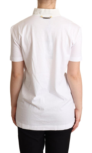 Weißes T-Shirt aus Baumwoll-Seiden-Mischgewebe mit Ascot-Kragen