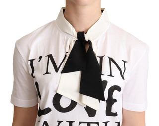 Weißes T-Shirt aus Baumwoll-Seiden-Mischgewebe mit Ascot-Kragen