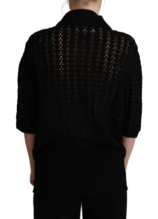 Schwarzer bestickter Strickpullover aus Baumwolle