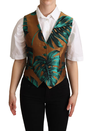 Grüne Jacquard-Weste mit Blattmuster und goldfarbener Taille