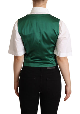 Grüne Jacquard-Weste mit Blattmuster und goldfarbener Taille