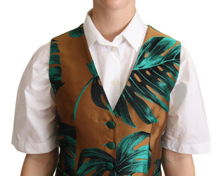 Grüne Jacquard-Weste mit Blattmuster und goldfarbener Taille