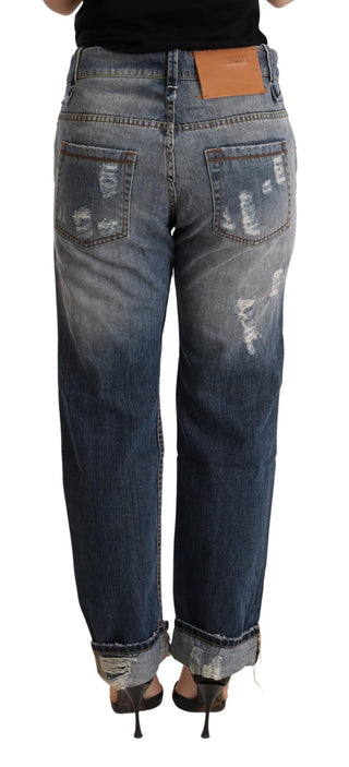 Pantalones de Mezclilla Rectos de Cintura Media Desgastados Azules