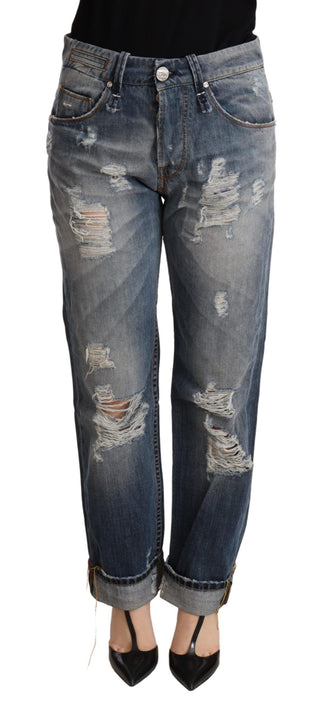 Pantalones de Mezclilla Rectos de Cintura Media Desgastados Azules