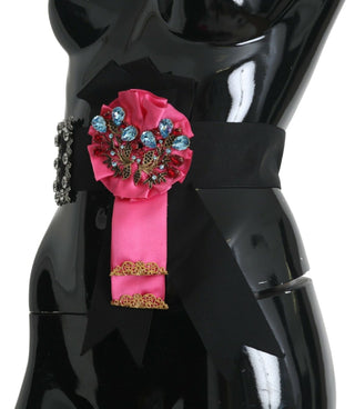 Schwarz Rosa Blume Brosche Kristalle Baumwollgürtel