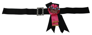 Schwarz Rosa Blume Brosche Kristalle Baumwollgürtel