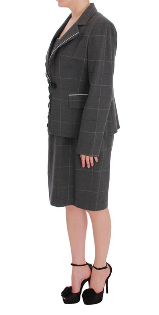 Grauer karierter Blazer-Kleid-Set Anzug aus Baumwolle