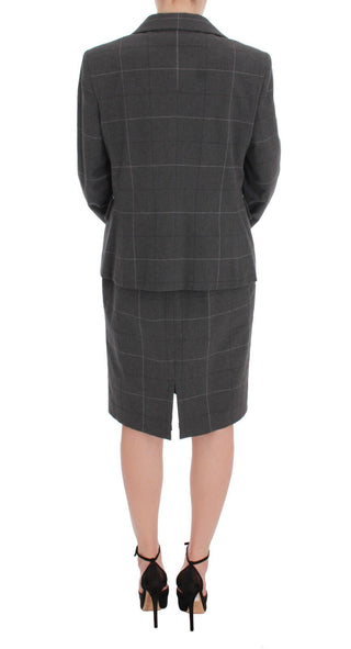 Grauer karierter Blazer-Kleid-Set Anzug aus Baumwolle
