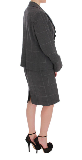 Grauer karierter Blazer-Kleid-Set Anzug aus Baumwolle