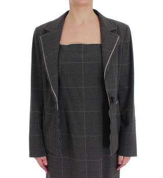 Grauer karierter Blazer-Kleid-Set Anzug aus Baumwolle