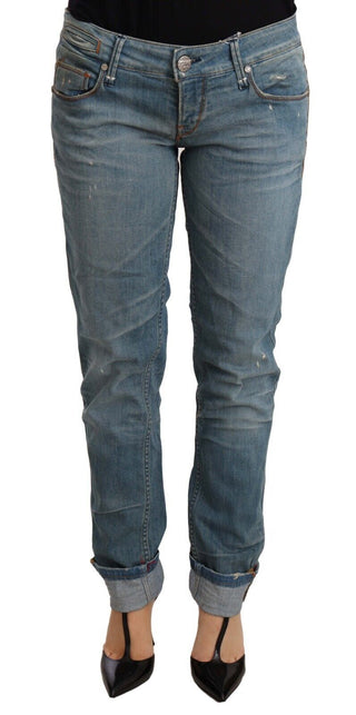 Pantalones de mujer de algodón lavado azul con dobladillo