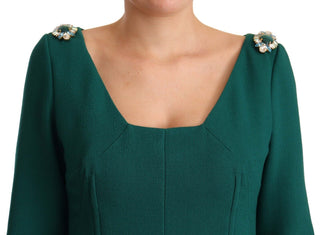 Green Stretch Crepe Crystal Midi Dress