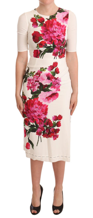Weißes Midikleid aus Crêpe mit Blumenprint und Schlitz