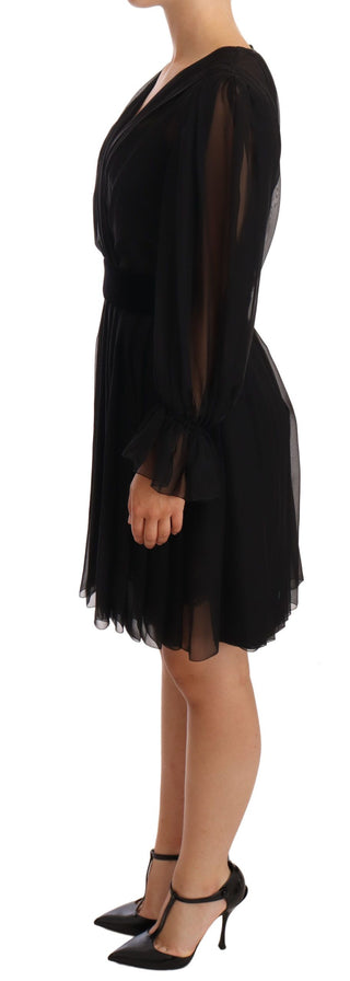 Schwarzes, plissiertes Mini-Kleid aus Seiden-Stretch mit Netzstoff-Einsätzen