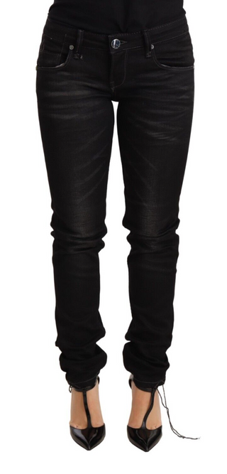 Jeans de mezclilla para mujer de algodón negro lavado, corte ajustado, cintura baja