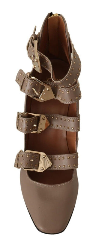 Braune Leder Pumps mit Blockabsatz und mehreren Schnallen