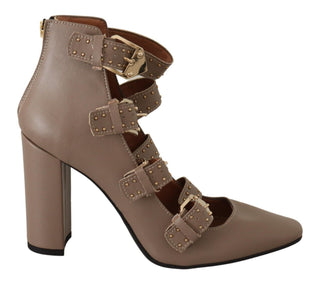 Zapatos de tacón con múltiples hebillas de cuero marrón