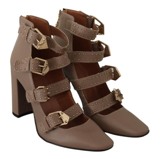 Braune Leder Pumps mit Blockabsatz und mehreren Schnallen
