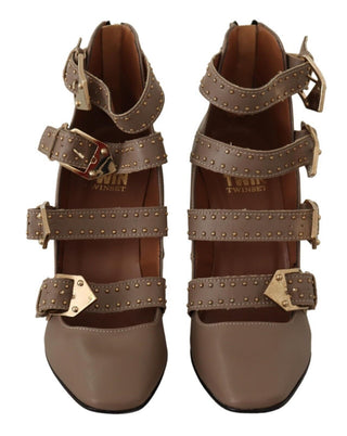 Braune Leder Pumps mit Blockabsatz und mehreren Schnallen