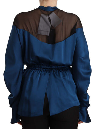 Blaue Seidenbluse mit langen Ärmeln und elastischem Bund