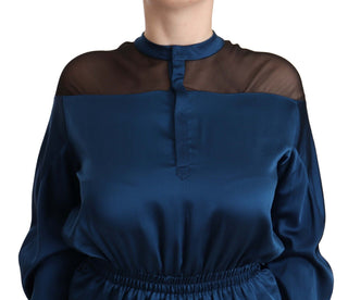 Blaue Seidenbluse mit langen Ärmeln und elastischem Bund