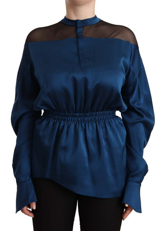 Blusa de seda azul de mangas largas y cintura elástica