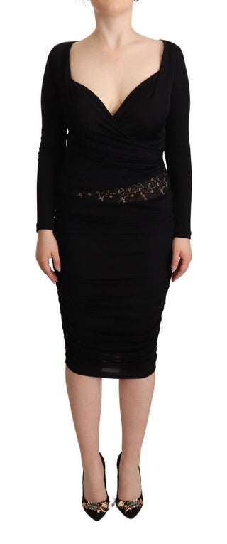 Vestido midi negro de mangas largas y escote corazón