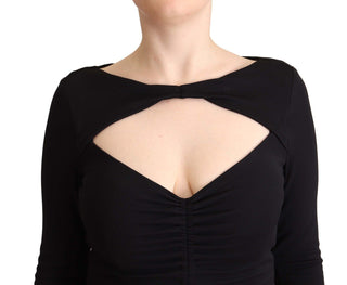 Vestido maxi negro de nylon elástico con mangas largas y escote en V profundo
