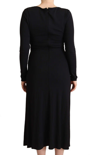 Vestido maxi negro de nylon elástico con mangas largas y escote en V profundo