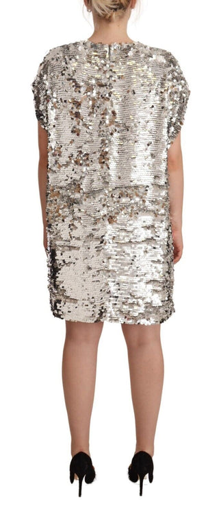 Silbernes Pailletten-Polyester-Minikleid mit kurzen Ärmeln im Shift-Schnitt