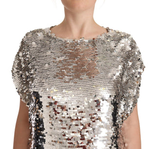 Silbernes Pailletten-Polyester-Minikleid mit kurzen Ärmeln im Shift-Schnitt