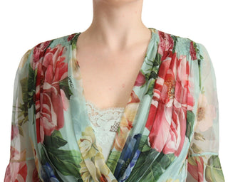 Vestido midi de viscosa verde con flores y escote en V
