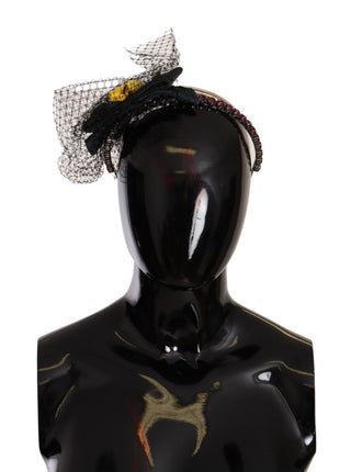 Silberne Tiara Kristalle Früchte Schwarzes Netz-Diadem-Stirnband