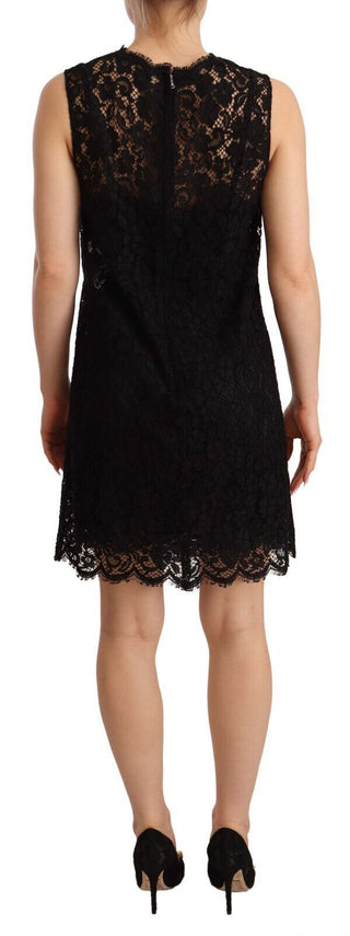 Schwarzes, ärmelloses Mini-Kleid mit Blumenmuster und Spitze