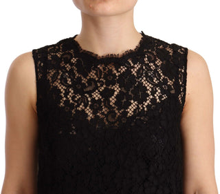 Schwarzes, ärmelloses Mini-Kleid mit Blumenmuster und Spitze