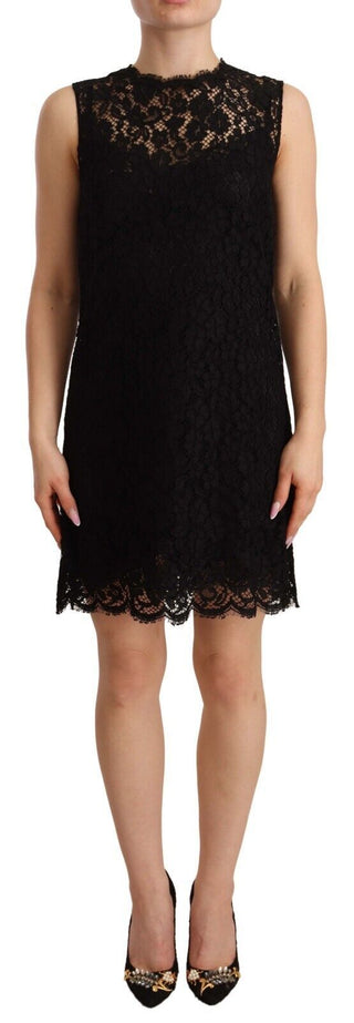 Schwarzes, ärmelloses Mini-Kleid mit Blumenmuster und Spitze