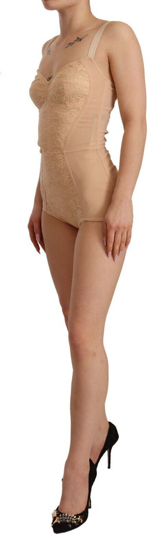Beige Nylon Blumen-Spitzen-Body-Unterwäsche