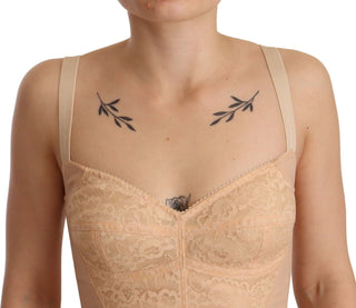 Beige Nylon Blumen-Spitzen-Body-Unterwäsche