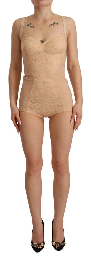 Beige Nylon Blumen-Spitzen-Body-Unterwäsche
