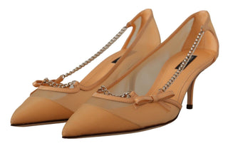 Pfirsichfarbene Mesh-Leder-Ketten-High-Heel-Pumps