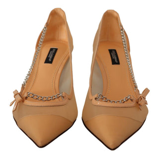 Pfirsichfarbene Mesh-Leder-Ketten-High-Heel-Pumps