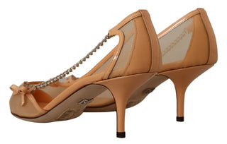 Pfirsichfarbene Mesh-Leder-Ketten-High-Heel-Pumps