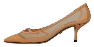 Pfirsichfarbene Mesh-Leder-Ketten-High-Heel-Pumps