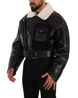Schwarze Leder-Shearling-Bikerjacke