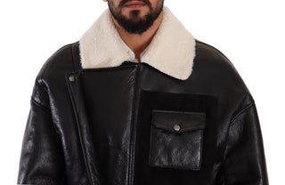 Schwarze Leder-Shearling-Bikerjacke