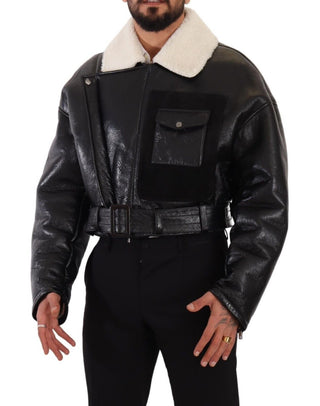 Schwarze Leder-Shearling-Bikerjacke